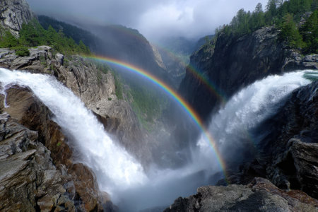 Flowing water cascades down rocky cliffs, creating a beautiful rainbow in a misty mountain valley.の写真素材