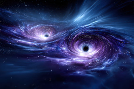 Swirling galaxies surround two black holes, showing the beauty of cosmic phenomena in space.の写真素材