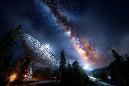 Radio telescopes capture signals from space while the Milky Way provides a breathtaking backdrop at night.の写真素材