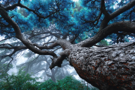A vibrant tree with striking blue foliage stands prominently in a misty forest, creating a mystical atmosphere.の写真素材