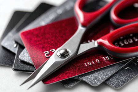 Scissors are resting on top of multiple cut-up credit cards, representing a tactic for managing debt.の写真素材