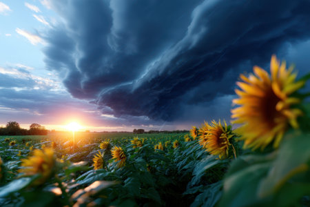 Sunflowers stand tall in a field as dark clouds roll in, illuminated by a stunning sunset.の写真素材