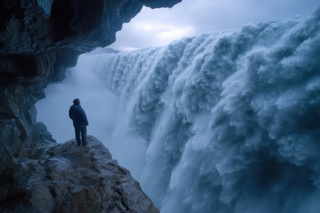 A person stands on rocky terrain, mesmerized by a massive waterfall thundering down into misty depths.の写真素材