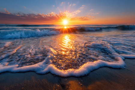 Waves gently crash onto the shore as the sun sets, illuminating the sky with warm colors and reflections.の写真素材