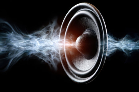 Powerful sound waves radiate from a speaker, creating an energetic atmosphere in a dark environment.の素材