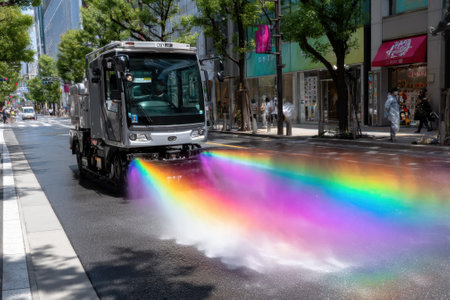 A truck sprays vibrant water creating rainbow-like mist while cleaning city streets on a sunny day.の写真素材
