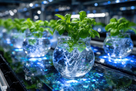 Basil plants thrive in lit water bowls, highlighting a cutting-edge aquaponics system in a modern facility.の写真素材