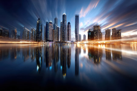Skyscrapers light up the skyline as twilight paints the sky with colorful hues over calm waters.の写真素材