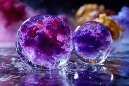 Vibrant colors of ink mix in clear orbs, creating mesmerizing patterns against a dark background.の写真素材