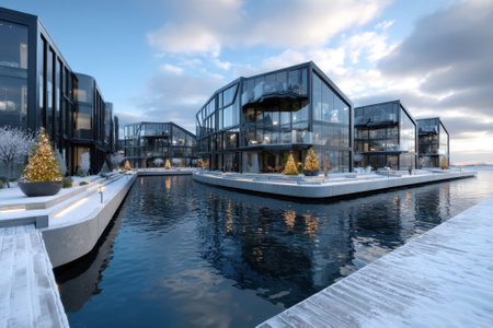 Contemporary buildings along a serene body of water, surrounded by snow, holiday lights, and winter scenery.の写真素材