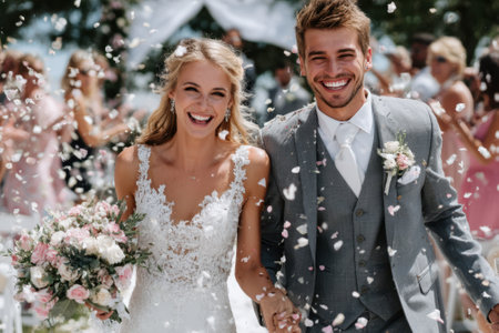 Newlyweds walk hand in hand, smiling brightly as flower petals rain down during their outdoor wedding.の写真素材