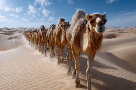 A group of camels strolls gracefully through the golden sands of the desert in bright daylight.の写真素材
