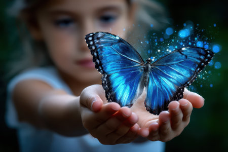 A young girl admires a stunning blue butterfly resting on her hands in a tranquil garden setting.の写真素材