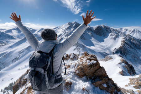 A hiker stands atop a snow-covered mountain, arms raised in joy, surrounded by stunning peaks under a sunny sky.の写真素材