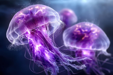 Colorful jellyfish glide through dark waters, illuminating the sea with their bioluminescent glow.の写真素材