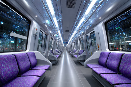 A spacious subway car showcases modern design with purple seating and vibrant ambient lighting, inviting travel.の写真素材