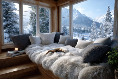 A warm, inviting space features a plush, fur-covered seating area with scenic snowy mountains outside.の写真素材