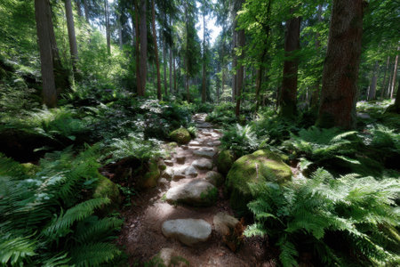 A rocky path winds through a lush forest filled with vibrant ferns and tall trees under bright sunlight.の写真素材