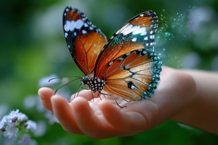 A colorful butterfly rests on a hand among vibrant greenery and flowers, highlighting nature's beauty.の写真素材