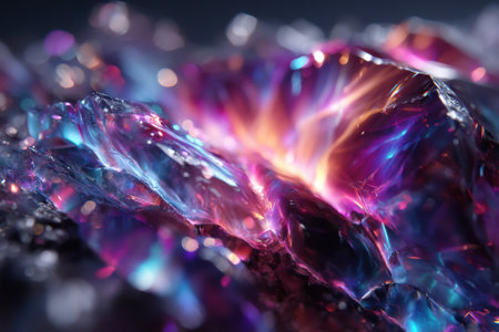 Colorful crystal formations exhibit an array of reflective hues, showing intricate details and vibrant light.の写真素材