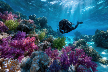 A diver swims through vibrant coral formations in crystal-clear waters, discovering marine life.の写真素材