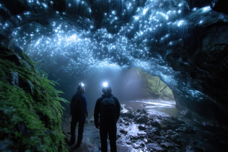 Two adventurers stood in awe as they gazed at bioluminescent lights illuminating the cave's ceiling.の写真素材