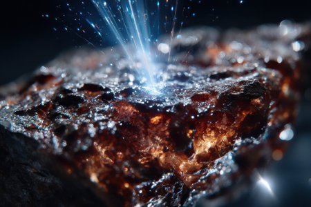 An intricate crystal glows with sparkling light effects against a dark backdrop, revealing its natural beauty.の写真素材