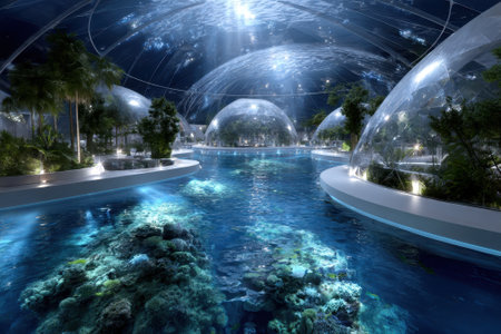 Visitors enjoy a serene aquatic environment featuring lush plants, vibrant corals, and stunning light effects.の写真素材