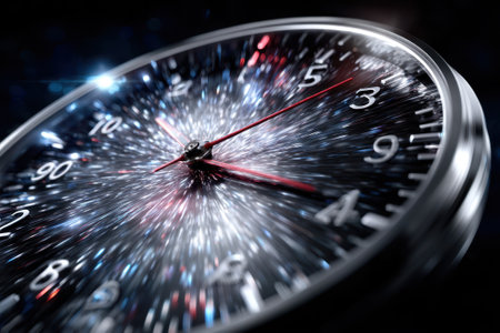 Clock shows blurred motion effect, creating a sense of speed and dynamism against dark backdrop.の写真素材