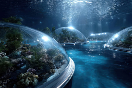 Visitors observe marine life through transparent domes filled with colorful coral and aquatic plants.の写真素材