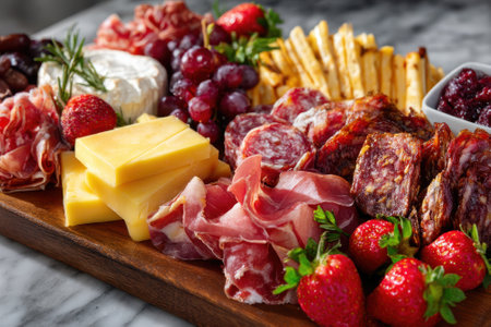 A beautifully arranged charcuterie board showcases various meats, cheeses, and fresh strawberries, inviting sharing.の写真素材