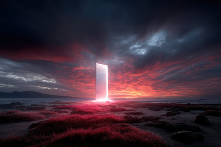 A luminous portal emerges from the rocks as vibrant colors fill the evening sky at sunset.の写真素材