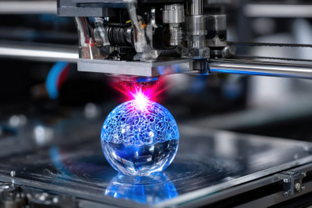 Detailed 3D printing process captures a glass sphere being formed with colorful patterns and laser effects.の写真素材
