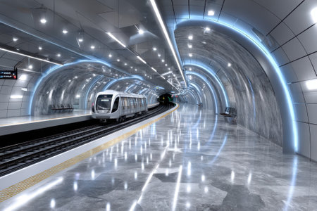 Subway train arrives at a futuristic station with smooth lines and illuminated architecture in a city.の写真素材