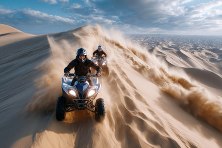 Thrilling ATV riders navigate expansive sand dunes, creating clouds of dust in a picturesque desert landscape.の写真素材