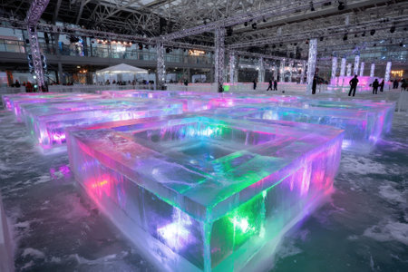 Visitors enjoy a vibrant indoor festival featuring illuminated ice sculptures amidst a dazzling atmosphere.の写真素材