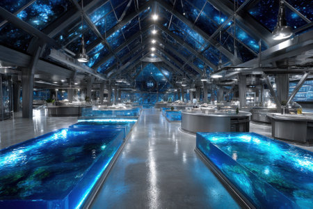 A unique dining venue with large illuminated tanks and a starry ceiling, creating an otherworldly atmosphere.の写真素材