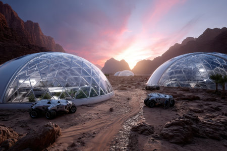Dome structures emerge from the rocky terrain under a colorful sky during sunset, showing advanced habitation.の写真素材
