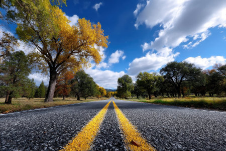 A long, empty road stretches through a landscape adorned with autumn foliage, showing vivid colors.の写真素材