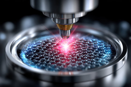 A laser focused on a metallic surface creates intricate patterns and shapes in a high-tech lab setting.の写真素材