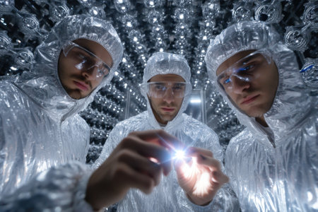 Three scientists in silver suits investigate a light source inside a high-tech laboratory environment.の写真素材