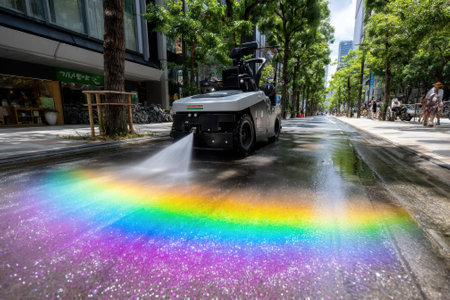 A street cleaning machine sprays water on the pavement, creating a vibrant rainbow effect under bright sunlight.の写真素材