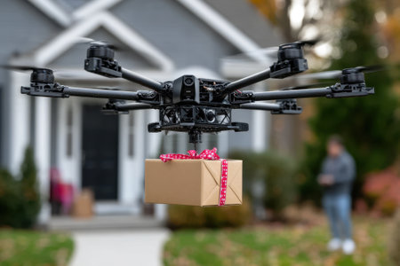 A drone hovers in front of a house, delivering a package wrapped with a holiday bow on a sunny day.の写真素材