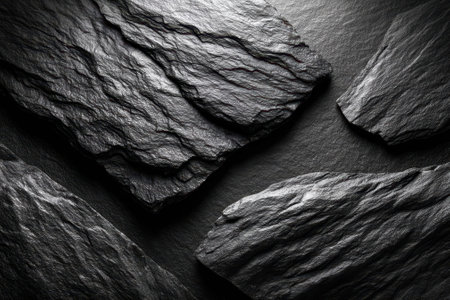 Dark slate rocks with intricate textures are artistically arranged on a contrasting dark surface.の写真素材