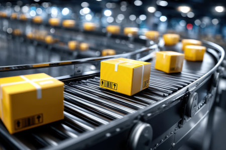 Boxes travel on a conveyor system, showcasing automated logistics in a busy distribution center.の写真素材