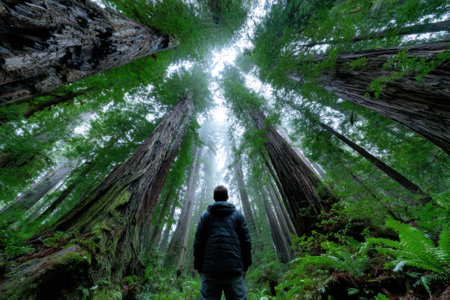 A person stands among massive redwoods, surrounded by lush greenery and a misty atmosphere.の写真素材