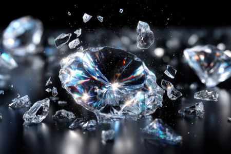 Shards of a diamond burst apart, reflecting light and creating a stunning effect of glimmering pieces.の写真素材
