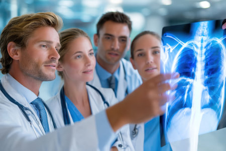 A group of healthcare workers examines a chest x-ray in a bright hospital environment, sharing insights.の写真素材