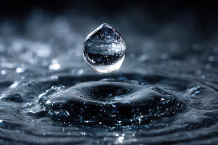 A single water droplet falls into the surface, creating ripples in the surrounding water.の写真素材