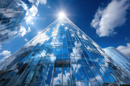 A sleek skyscraper towers above, showcasing its glass facade that reflects the clouds and sunlight.の写真素材